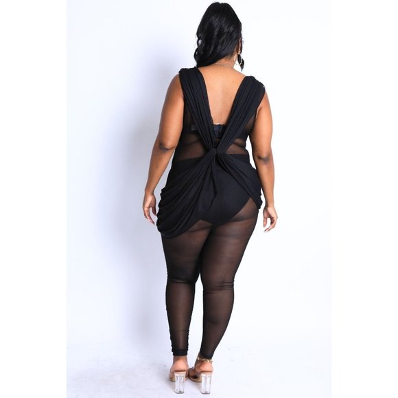 Women's Plus Size Jumpsuit Sleeveless Lightweight Draped Mesh Jumpsuit - Picture 4 of 12